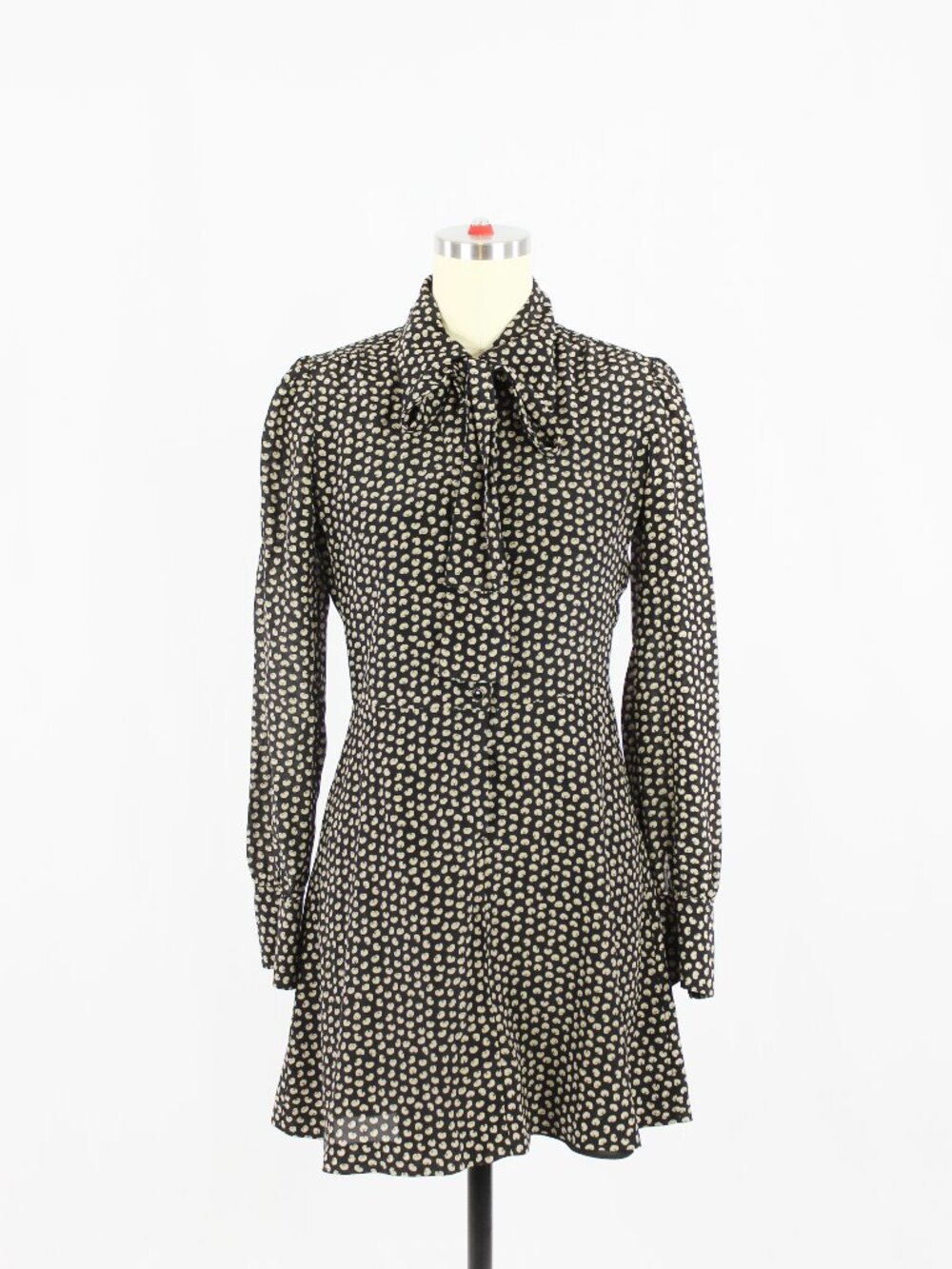 RE/DONE Black Beige Croissant Print 100% Silk Neck Tie Mini Shirt Dress, Size XS